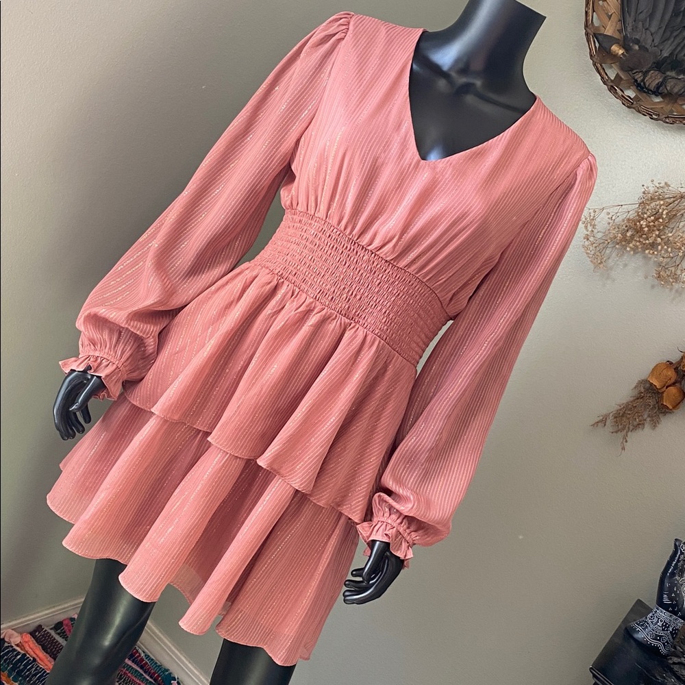 Altar'd State Shimmering Rose Gold Long Sleeve Dress